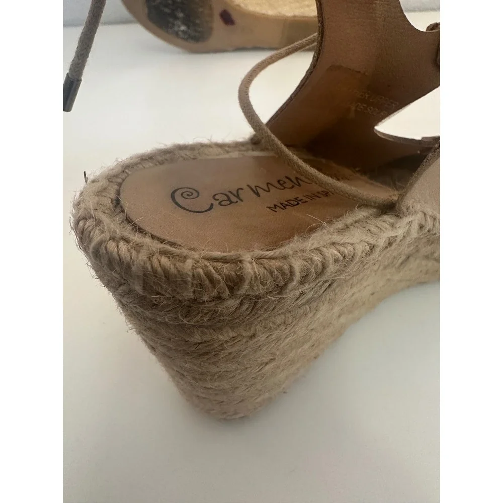 Carmen Women's Tan Leather Lace Up Gladiator Espadrille Wedges 39 Size 8.5